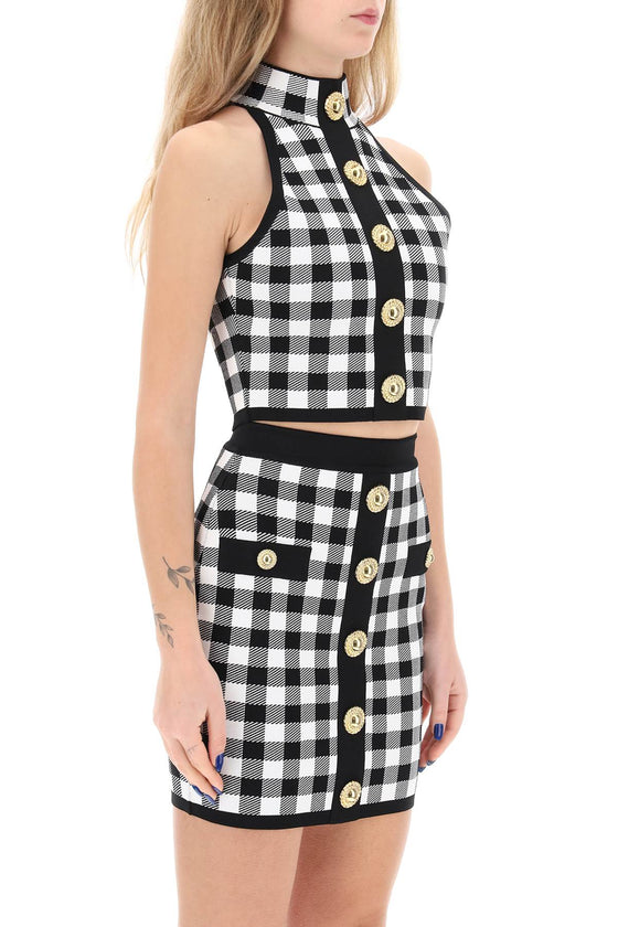 Balmain gingham knit cropped top with embossed buttons