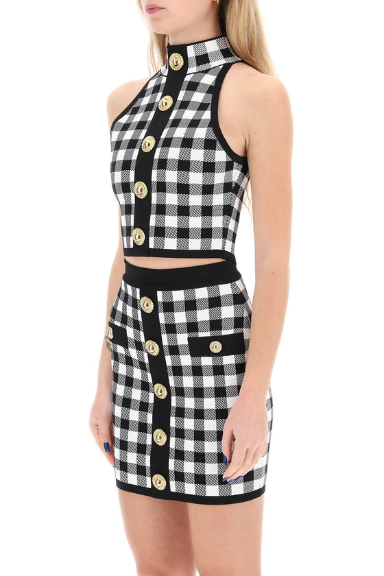 Balmain gingham knit cropped top with embossed buttons