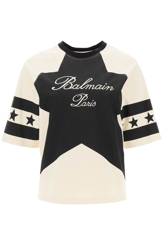 Balmain cropped t-shirt with star and logo prints