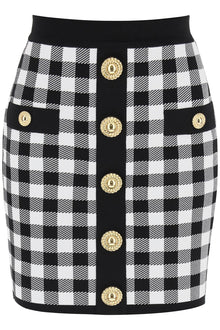  Balmain gingham knit mini skirt with embossed buttons