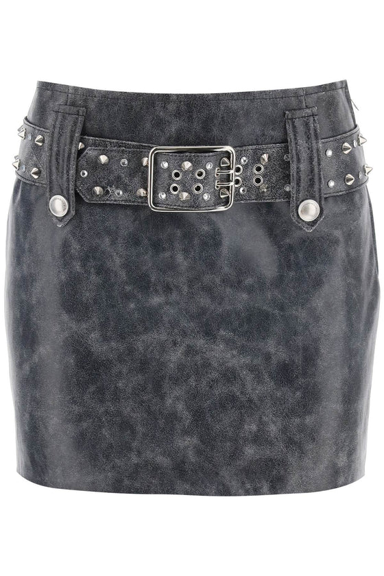 Alessandra rich leather mini skirt with belt and appliques