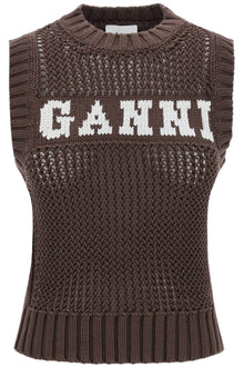  Ganni open-stitch knitted vest with logo