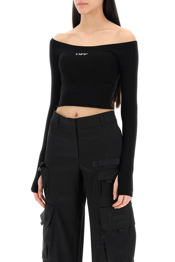 Off-white knitted off-shoulder cropped top