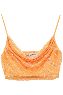  Self portrait cropped top in mesh with rhinestones all-over