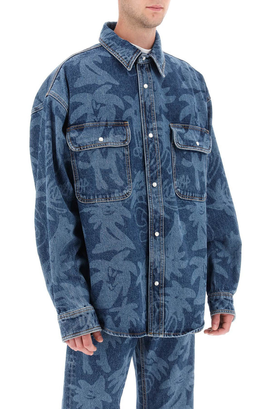 Palm angels 'palmity' overshirt in denim with laser print all-over