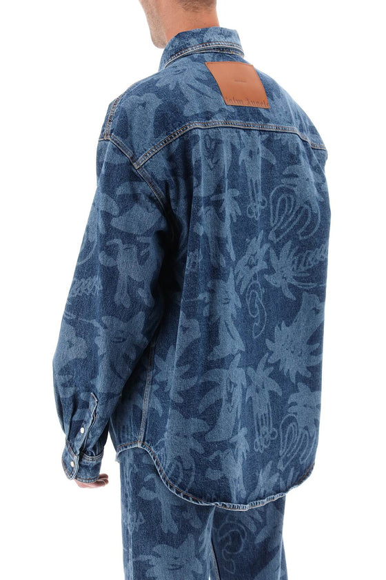 Palm angels 'palmity' overshirt in denim with laser print all-over
