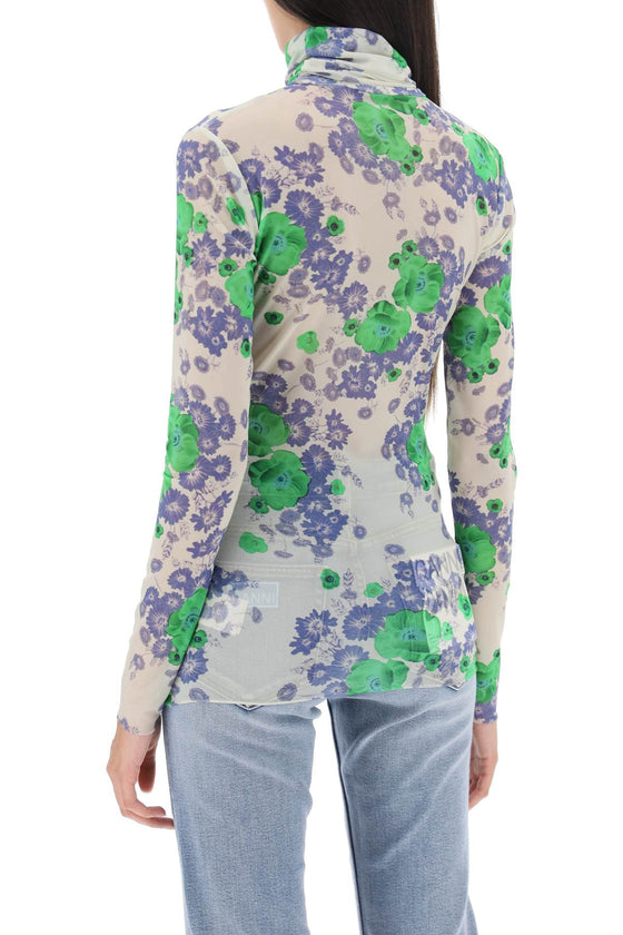 Ganni long-sleeved top in mesh with floral pattern